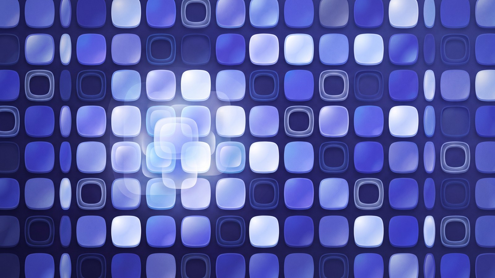 A dense wall of small product tiles filling the frame in even rows, roughly half solid and lit, the rest hollow outlines set slightly back in shadow.