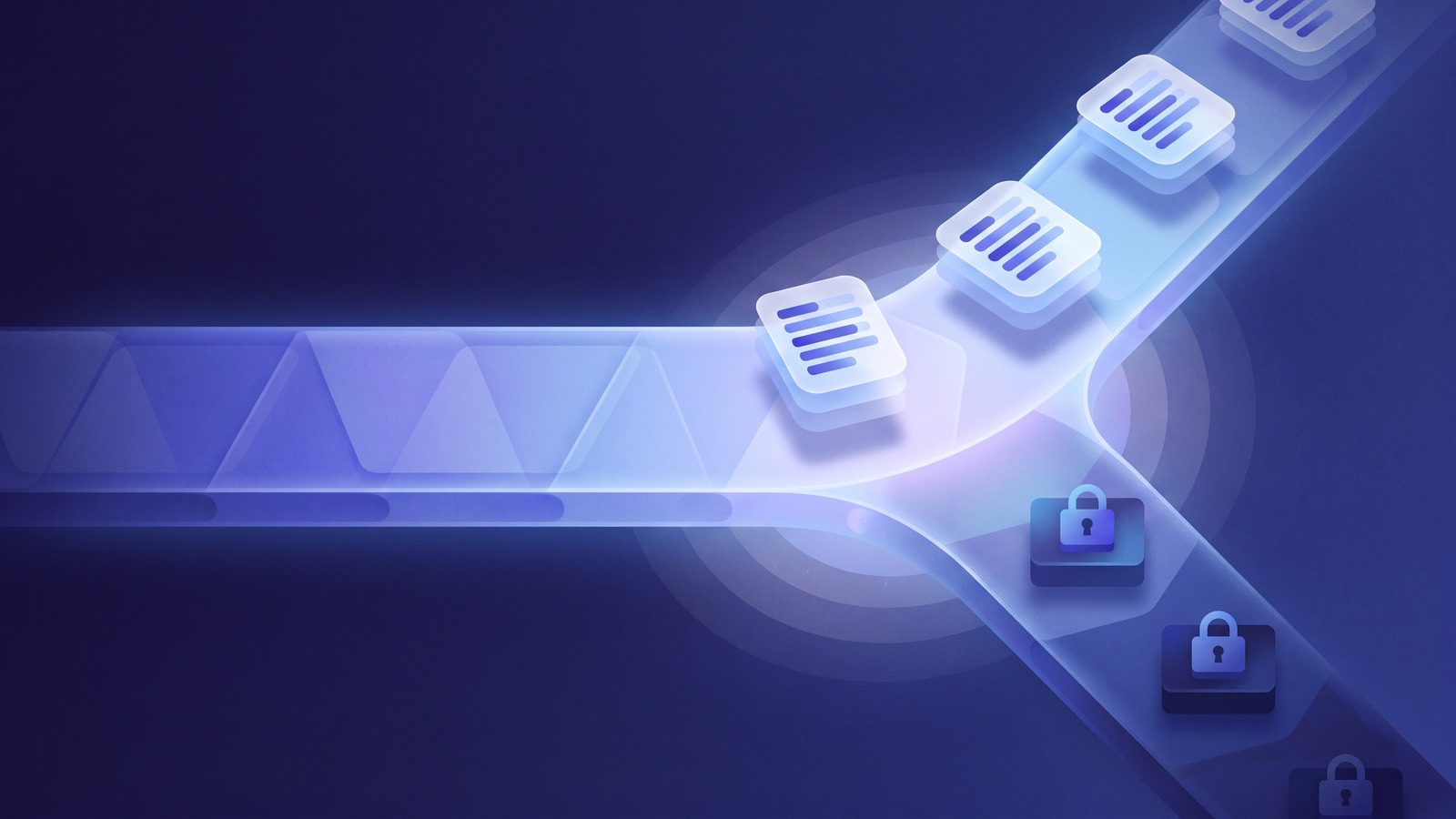A conveyor running left to right that splits at a glowing junction: the upper lane carries cards filled with stacked bars, the lower lane carries small padlocked blocks, dimmer and untouched.