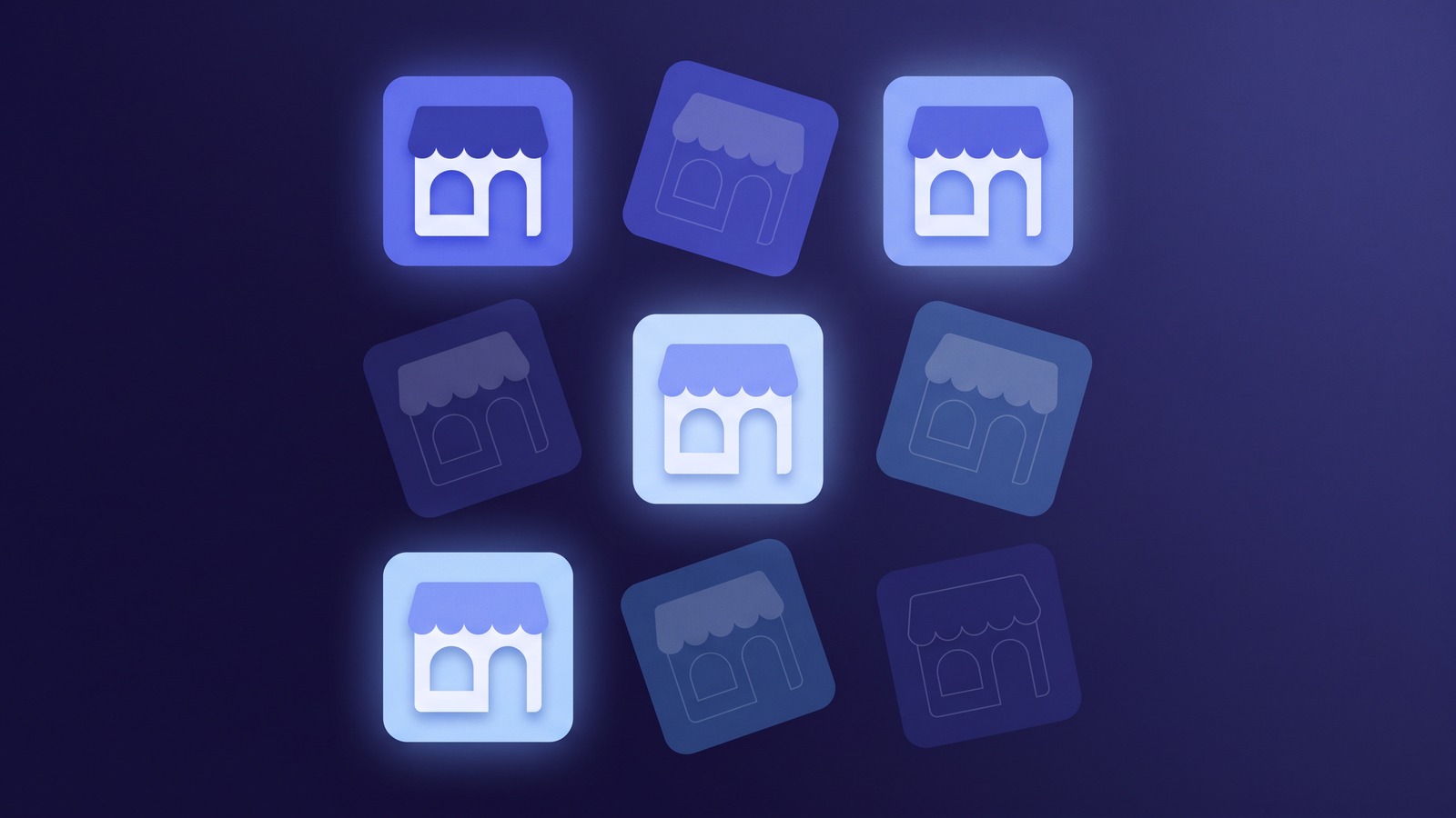 Nine rounded storefront tiles in three rows: four sit square and brightly lit, the other five tilt off-axis, dimmer and half-transparent, breaking the alignment.