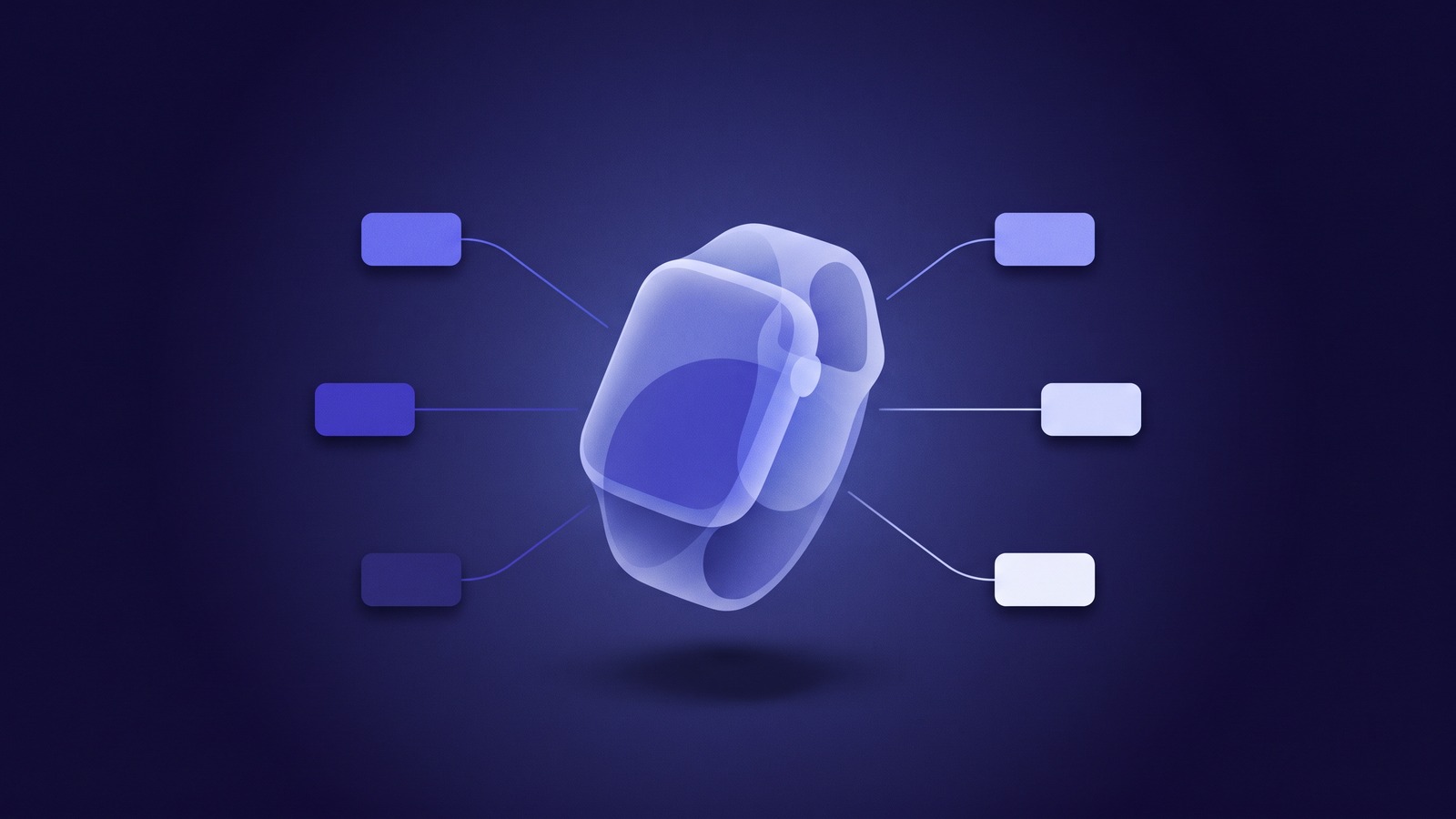 A single product floating at the centre with six small rounded tags attached around it by thin lines, each tag a plain block in a different shade of indigo.
