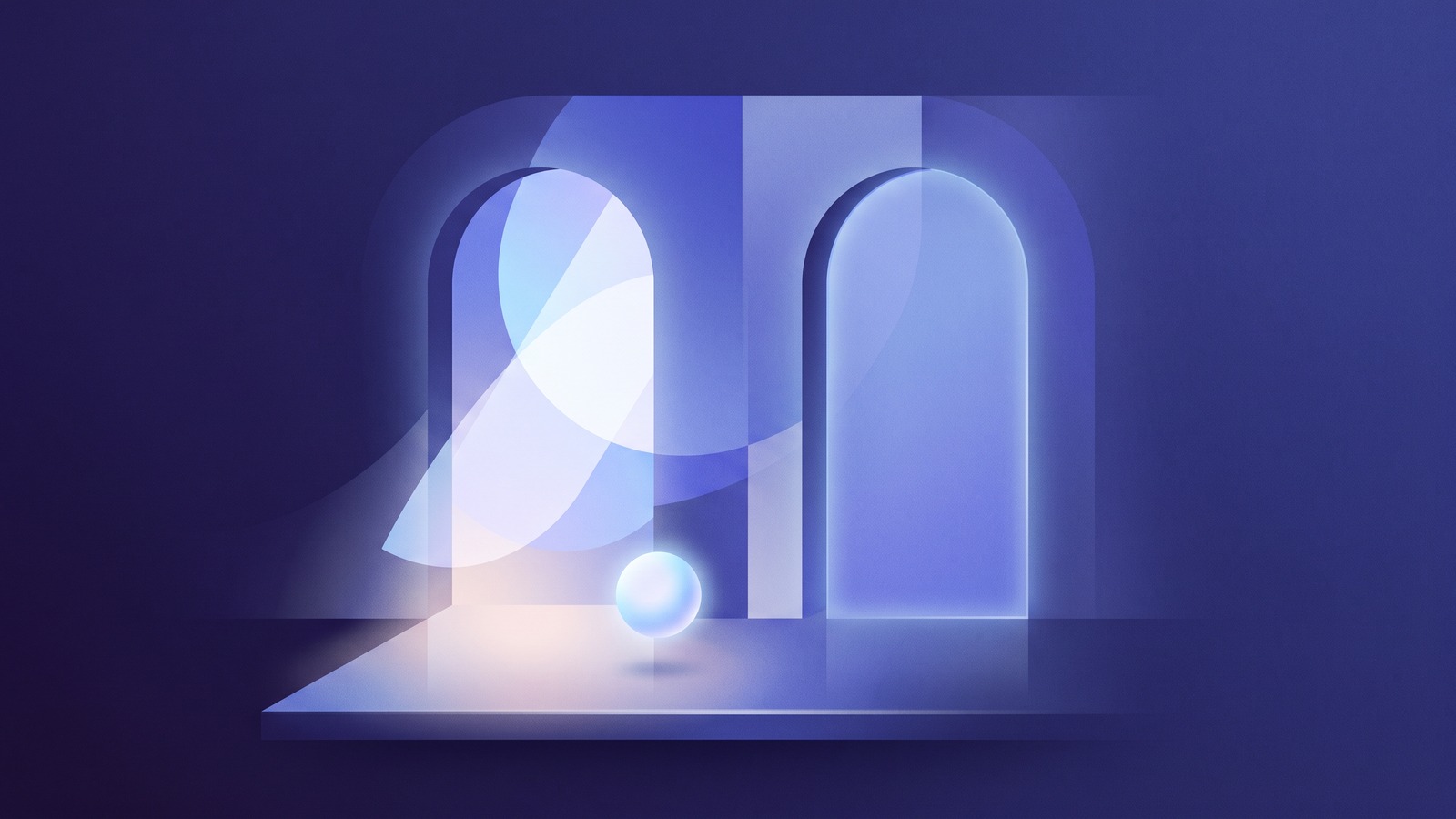 Two tall archways side by side: the left one open with light spilling through onto the floor, the right one sealed by a flat panel, a small glowing orb in front of the open one.