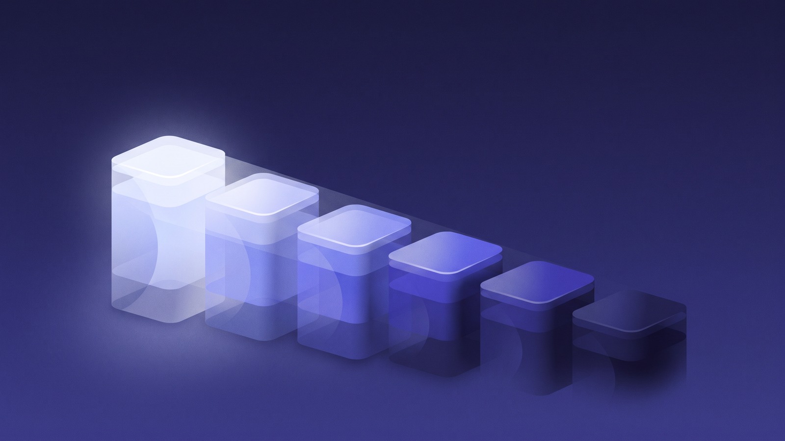 Two floating cards seen at an angle: the left nearly empty with a product outline and two short bars, the right lit brighter and filled edge to edge with stacked bars.