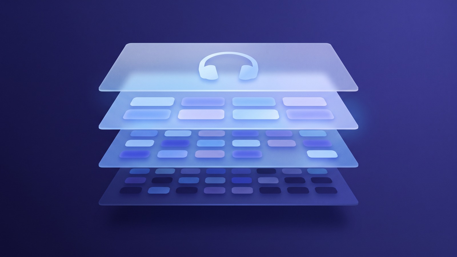 Four translucent rectangular layers floating apart in parallel planes, a product silhouette on the top layer and rows of small blocks on the layers beneath, light passing through all four.