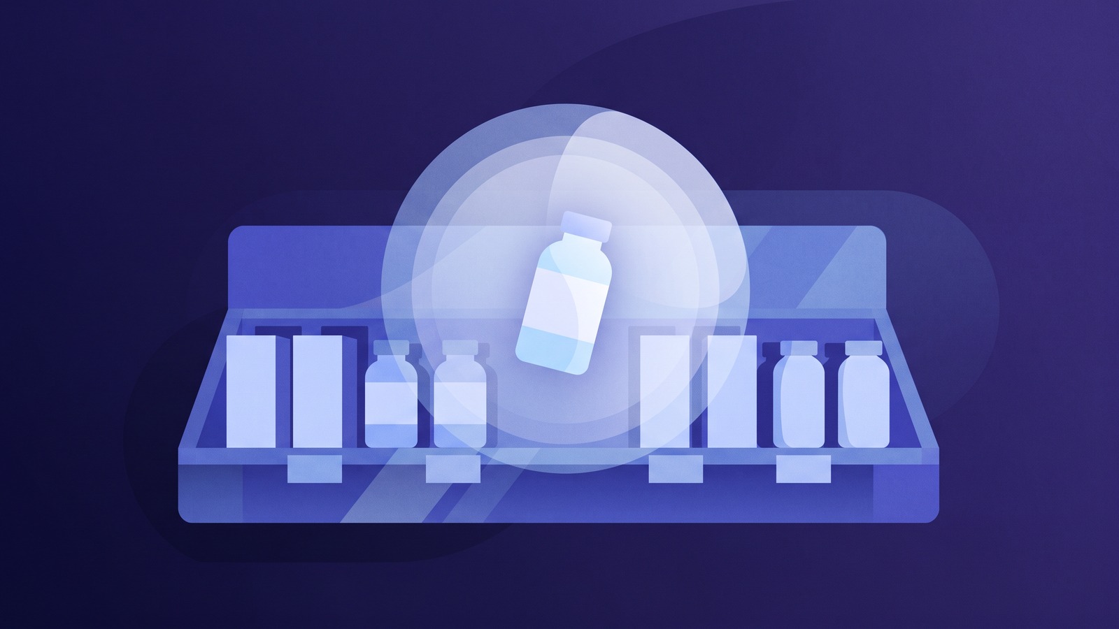 A shelf of plain product bottles lit against deep indigo, with a large translucent lens hovering over the middle one, which glows while its neighbours sit in shadow.