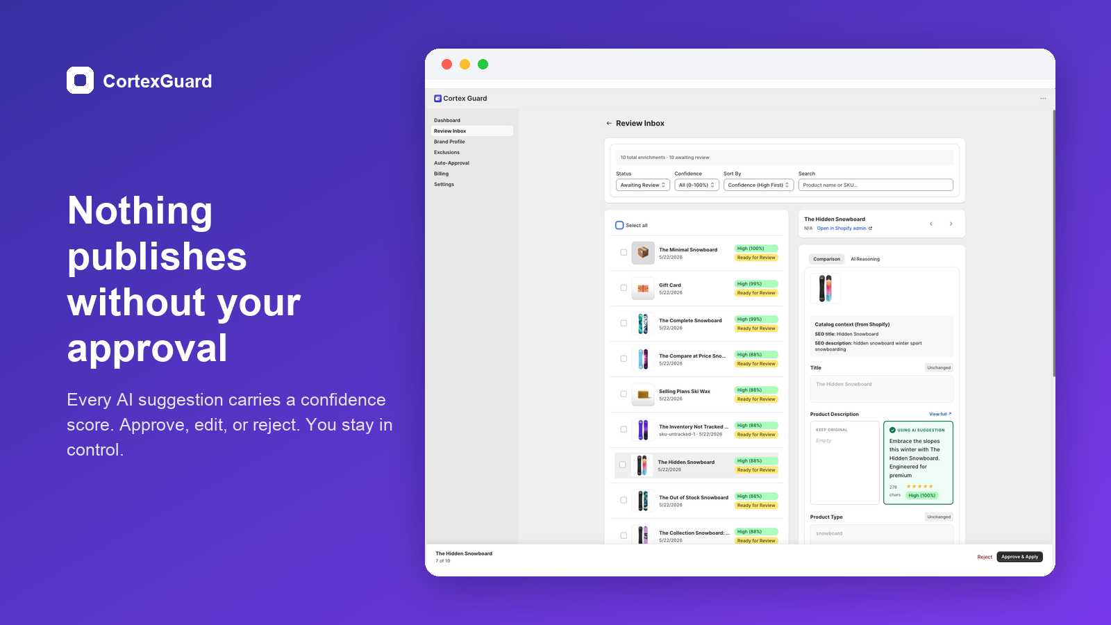 CortexGuard review inbox with confidence-scored AI suggestions and an Approve & Apply control for human review before publishing.